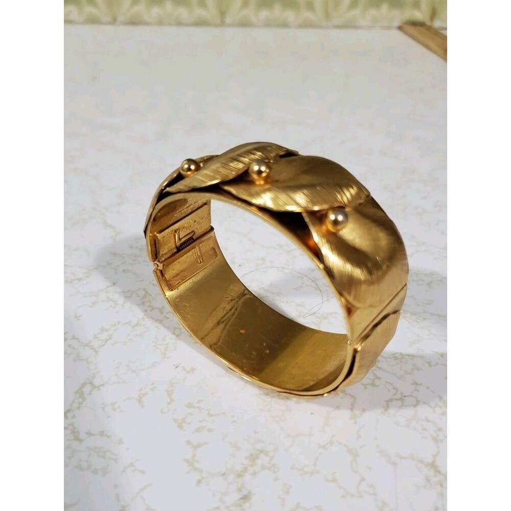 Whiting & Davis Gold Plated Leaf Bracelet Hinged Wide Clamper 1950s Vintage
